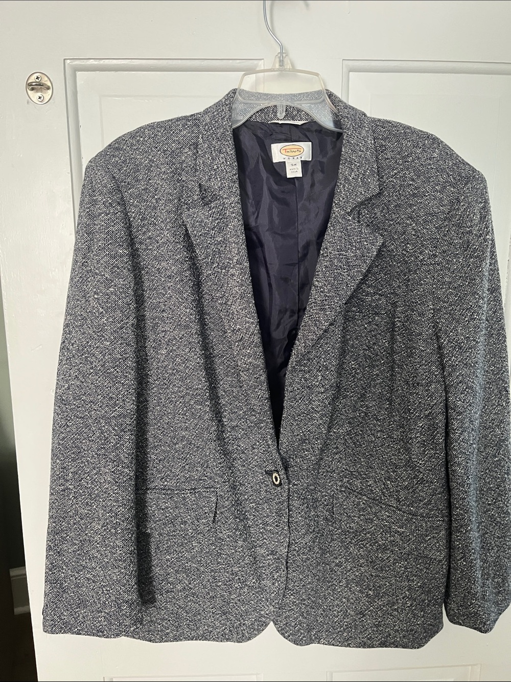 Talbots 16W Navy Tweed Blazer Jacket Long Sleeves Button Front